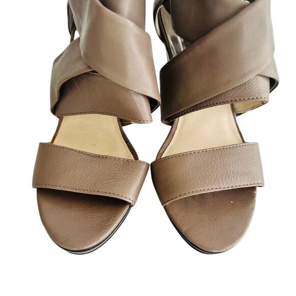 Michael Kors Cone Heel Leather Sandal Size 9 Tan Cross Strap 5" Platform New - Picture 3 of 8